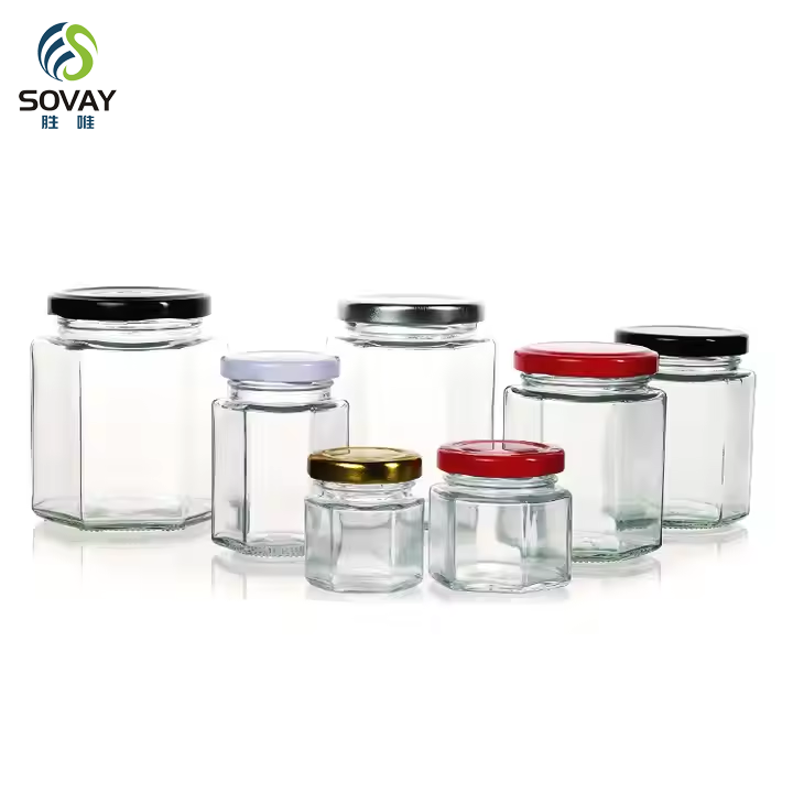 Customized Packaging Hexagonal Glass Empty Honey Jam Jar Honey Jar Food Storage Container