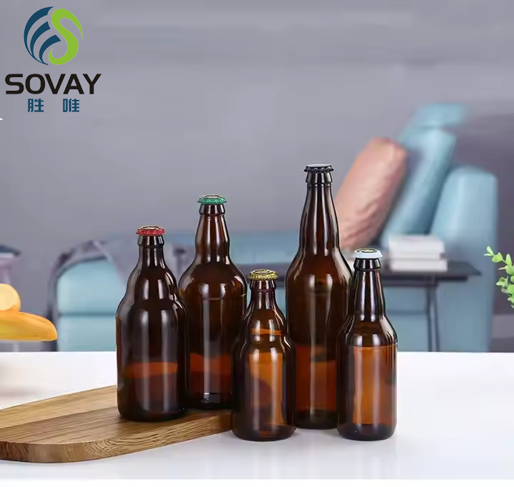 Hot Sale Amber Beer Glass Bottle 330ml 500ml 1000ml Round Shape Beer Bottle With Metal Aluminum Cap Crown Cap Flip Top