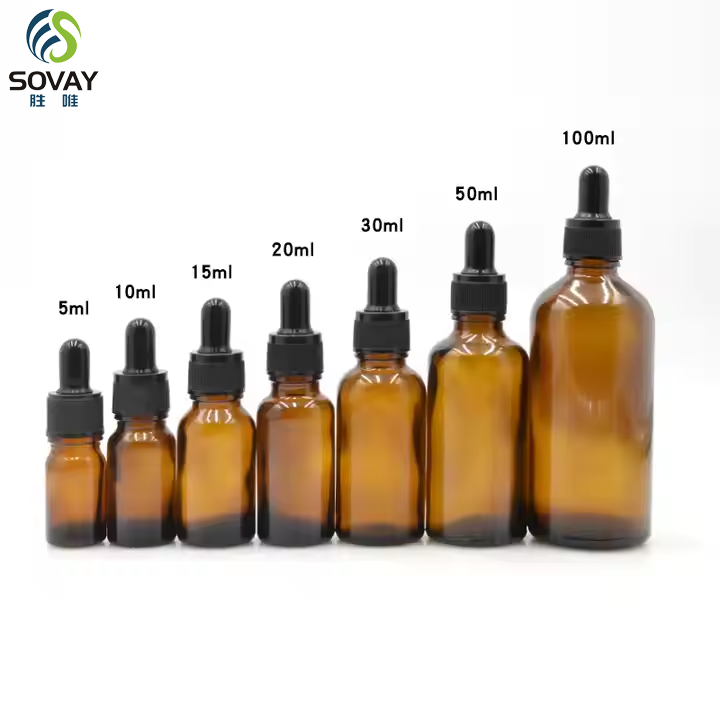 Whole Sale Amber Essential Oil Glass Bottle 5ml 10ml 15ml 20ml 30ml 50ml 100ml Cosmetic Oil Serum With Gold Black Dropper