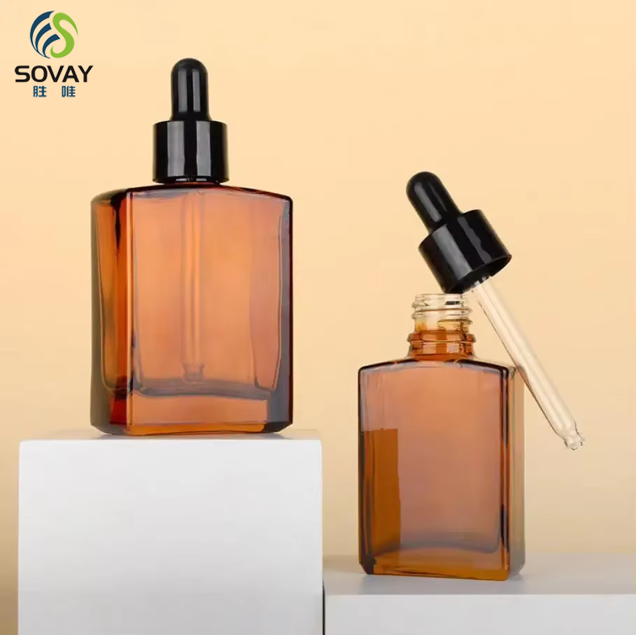 Hot Selling Square Amber Essential Oil Glass Bottle Essential Oil Glass Packaging 30ml 50ml 100ml With Dropper