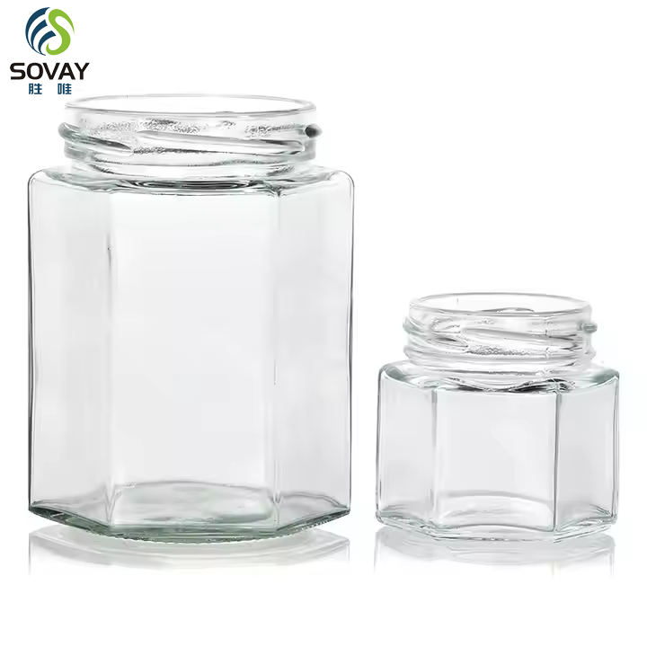 Customized Packaging Hexagonal Glass Empty Honey Jam Jar Honey Jar Food Storage Container