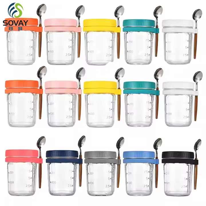Hot Selling Worldwide Wide Mouth Breakfast Oatmeal Cup Cylinder Glass Food Mason Jar for Yogurt With Spoon