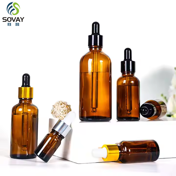 Whole Sale Amber Essential Oil Glass Bottle 5ml 10ml 15ml 20ml 30ml 50ml 100ml Cosmetic Oil Serum With Gold Black Dropper
