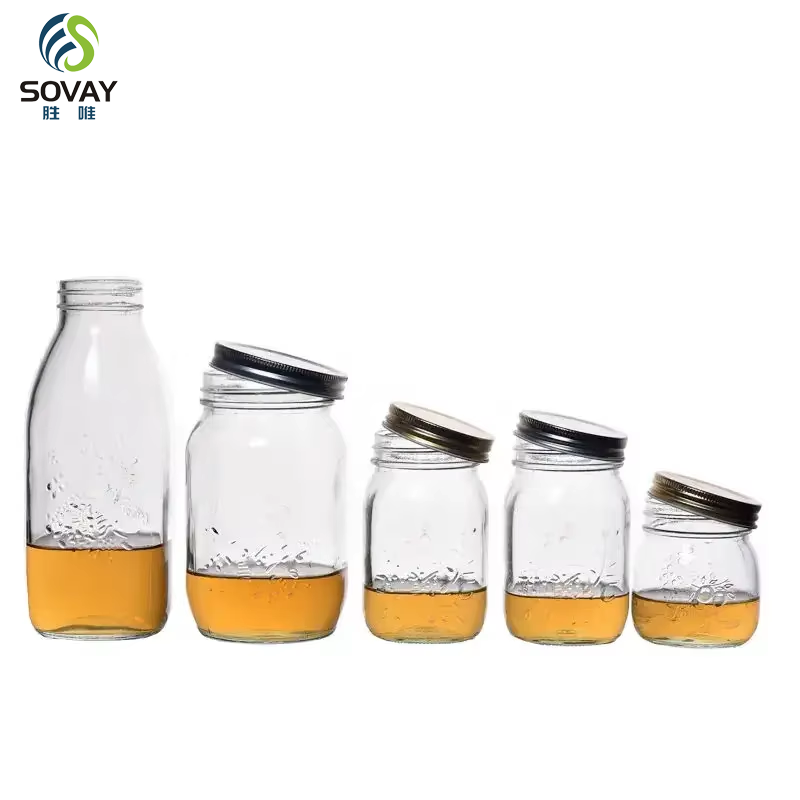 Food Grade Heat Resistant Empty Mason Jar Bottle 150ml 300ml 375ml 500ml 1000ml Round Glass Jars With Lids
