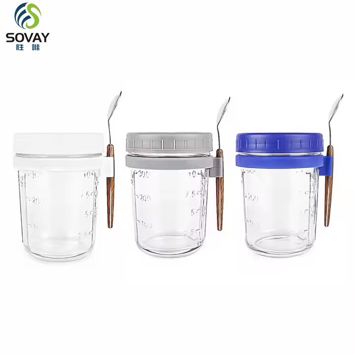 Hot Selling Worldwide Wide Mouth Breakfast Oatmeal Cup Cylinder Glass Food Mason Jar for Yogurt With Spoon