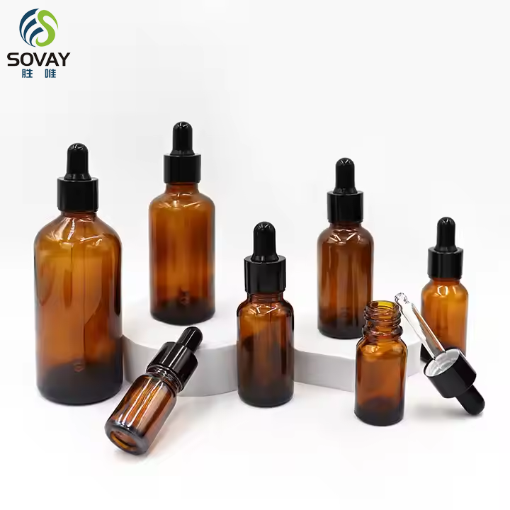 Whole Sale Amber Essential Oil Glass Bottle 5ml 10ml 15ml 20ml 30ml 50ml 100ml Cosmetic Oil Serum With Gold Black Dropper