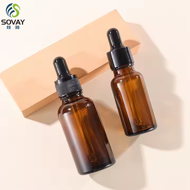 Whole Sale Amber Essential Oil Glass Bottle 5ml 10ml 15ml 20ml 30ml 50ml 100ml Cosmetic Oil Serum With Gold Black Dropper