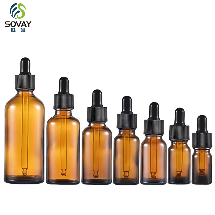 Whole Sale Amber Essential Oil Glass Bottle 5ml 10ml 15ml 20ml 30ml 50ml 100ml Cosmetic Oil Serum With Gold Black Dropper