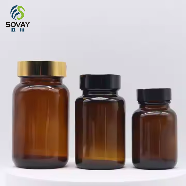 Empty Amber Capsule Glass Bottle with Golden Cap 100ml Wide Mouth Glass Bottle for Pills Medical Use