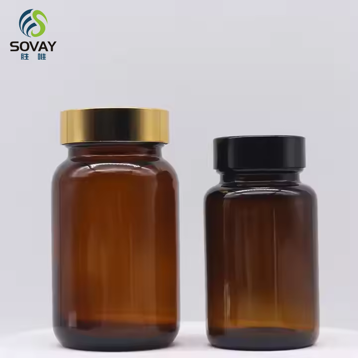 Empty Amber Capsule Glass Bottle with Golden Cap 100ml Wide Mouth Glass Bottle for Pills Medical Use