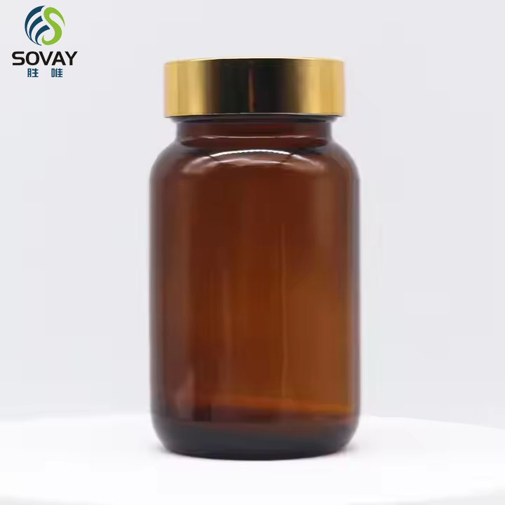 Empty Amber Capsule Glass Bottle with Golden Cap 100ml Wide Mouth Glass Bottle for Pills Medical Use