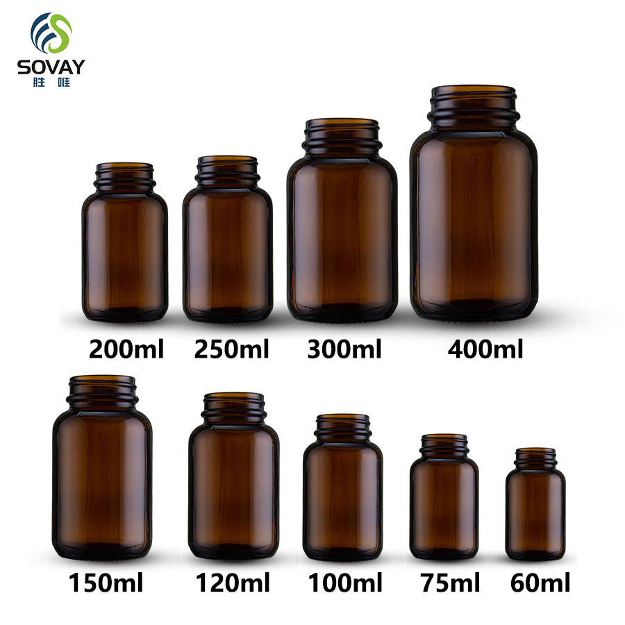 OEM/ODM Service Wide Mouth Amber Pill Capsule Glass Bottle 60ml-400ml Glass Bottle for Health Product Use
