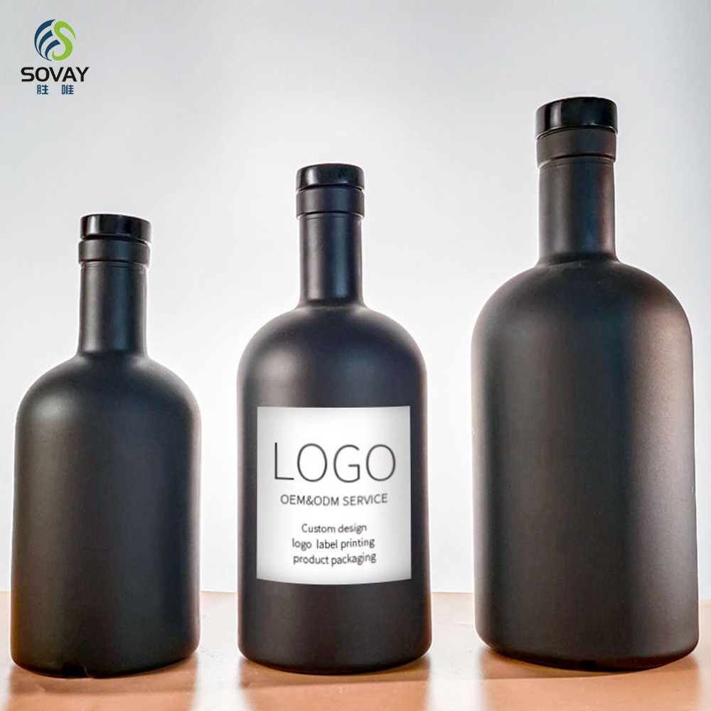 SW139N Hot Sale 100ml 250ml 375ml 500ml 750ml 1000ml Empty Matt Black Glass Liquor Vodlka Olive Oil Bottle with Cork Stopper Screen Printed