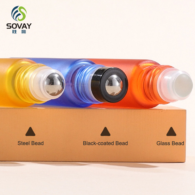 SE52N Frosted Colored Glass Roll Perfume Bottles 10ml Empty Stainless Steel Roller for Essential Oil Bottle Plastic Screen Printing