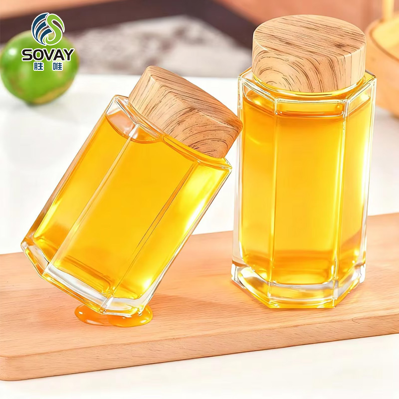 SG09 Ru Star Factory Direct Sales 50ml 180ml 280ml 360ml Empty Transparent Hexagonal Glass Jam Honey Jars with Wooden Lid
