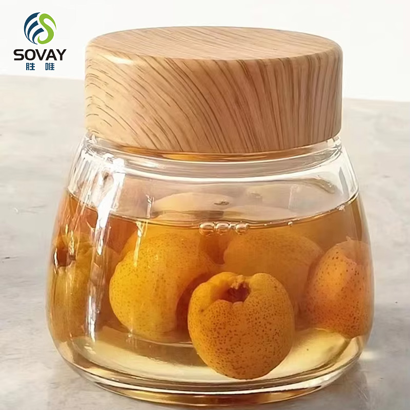 SG43N Custom Acacia Wood Lid Wide Mouth Clear Borosilicate Glass Jar with Thread Lid