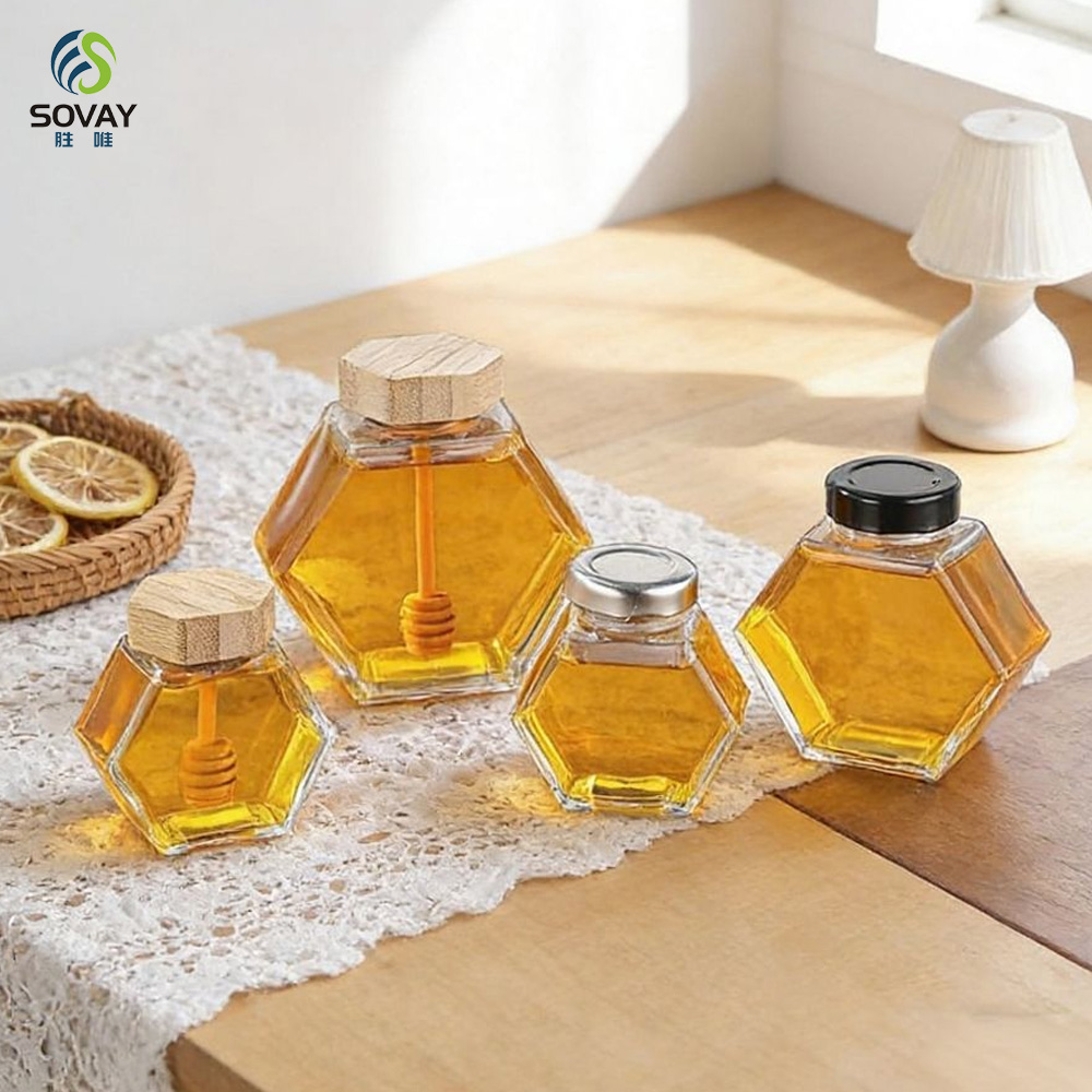 SG10N Wholesale Honey Jar Glass Hexagon Shape Honey Jar Glass with Wooden Dipper and Cork Lid Cover Honey Syrup Storage