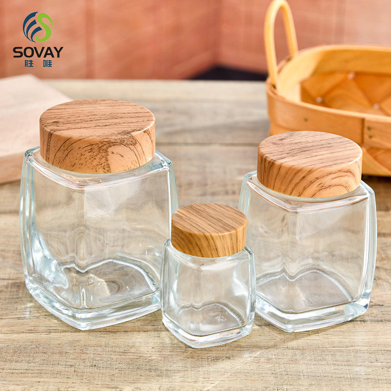 SW46N 0ml 100ml 180ml 280ml 360ml 500ml 750ml Small Square Glass Jam Honey Jars with Lid Glass Storage Pickles Jar for Food