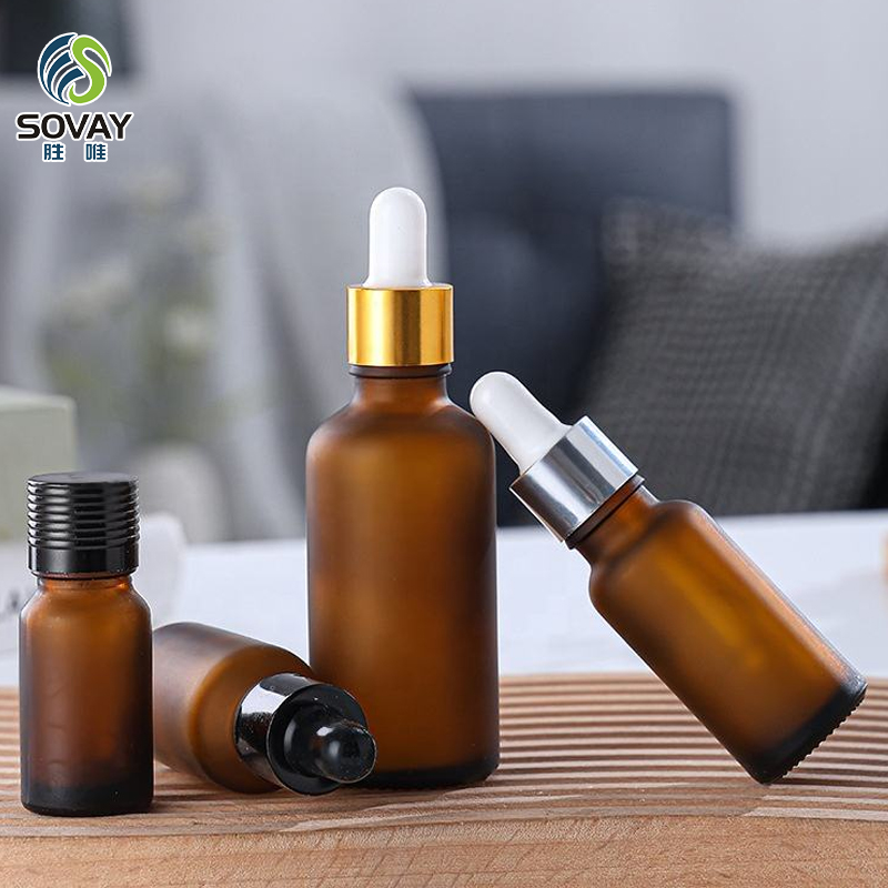 SE06 High Quality 5ml 10ml 15ml 20ml 30ml 50ml 100ml Frosted Amber Glass Dropper Bottle with Glod Lid for Essential Oil