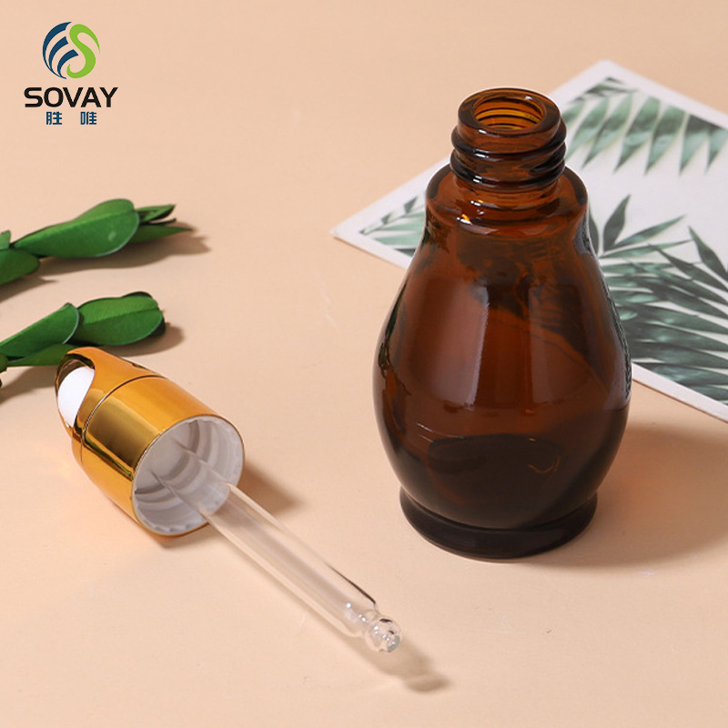 SE04 10ml 20ml 30ml 50ml 100ml Essential Oil Single Gourd Shape Dark Brown Glass Bottle with Gold Dropper