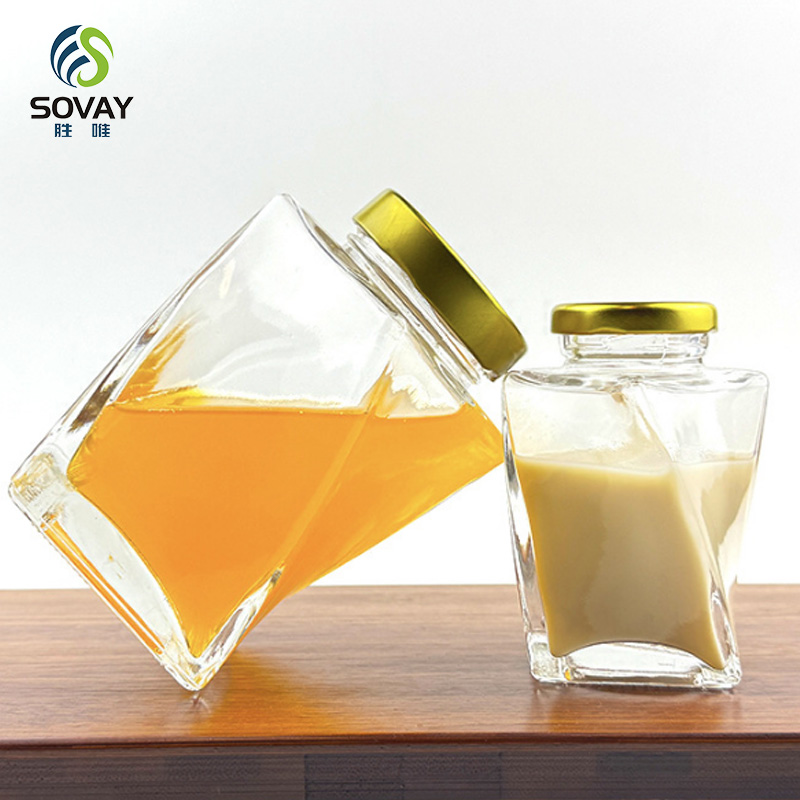 SG02 Unique Twisted Shape Transparent Glass Honey Jar with Metal Lid