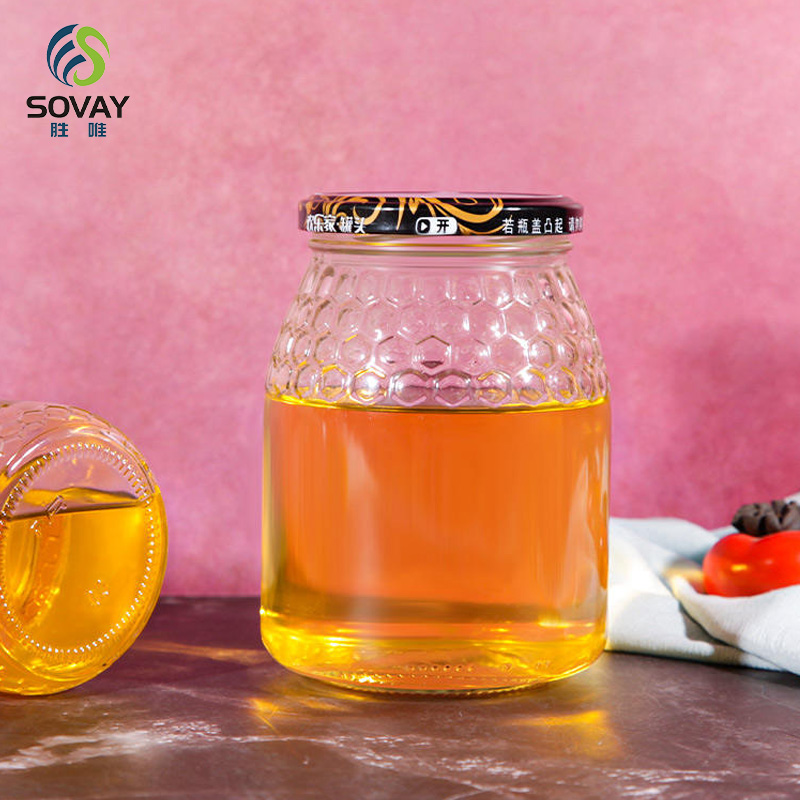 SG52 New Design 650ml 760ml Honeycomb Shape Glass Jar with Lug Cap for Honey Pickle Jam Sauce