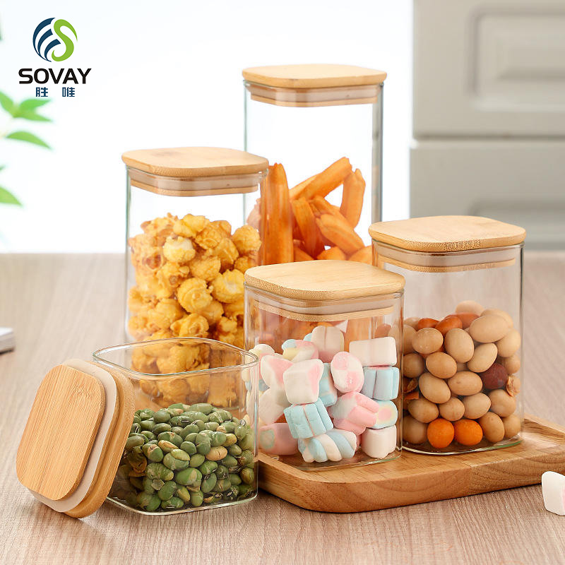 SG40N Wholesale Empty Spice Candy Coffee Food Storage Containers Bottle Glass Jars with Bamboo Seal Lid