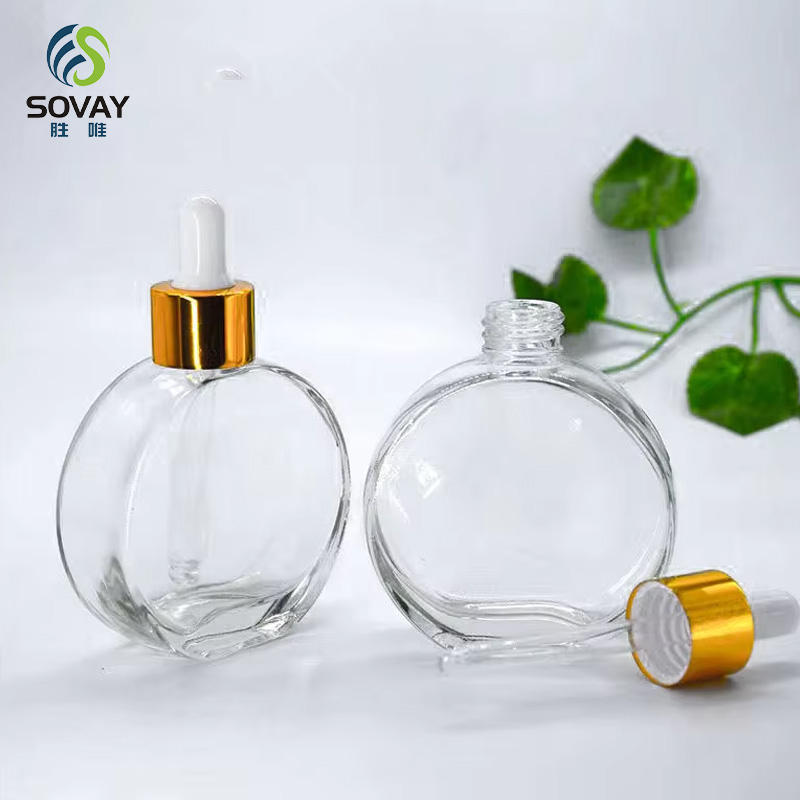 SE47 50ml 60ml Flat Round Oblate Clear Thick Bottom Glass Oil Serum Dropper Bottle for Essential Oil