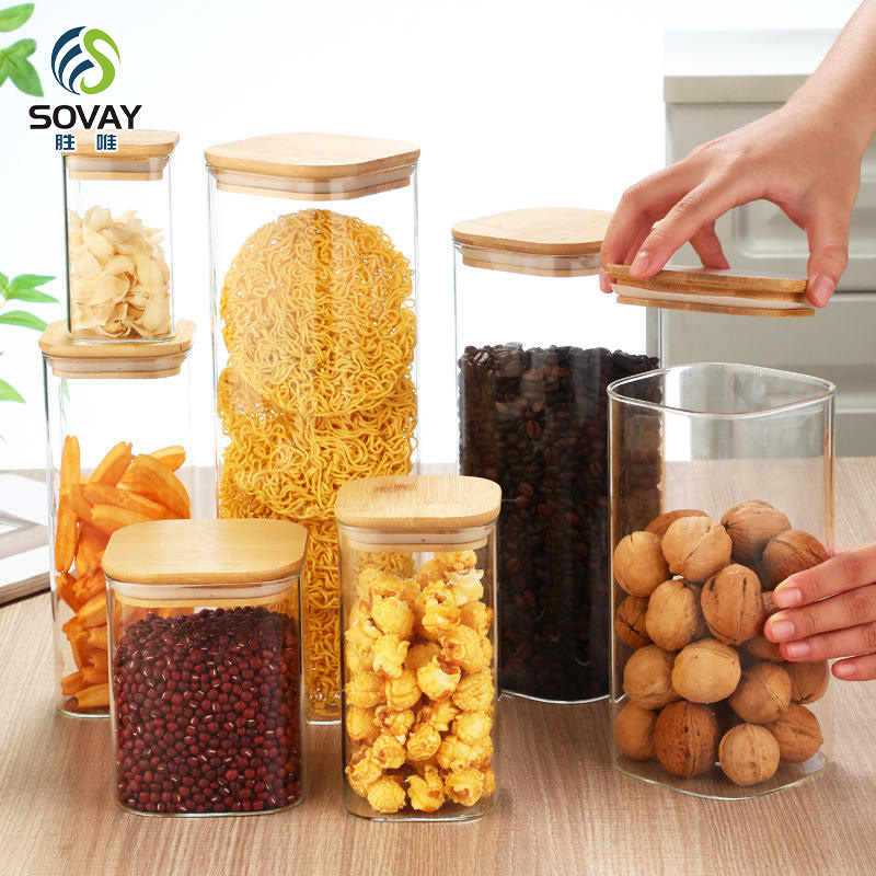 SG40N Wholesale Empty Spice Candy Coffee Food Storage Containers Bottle Glass Jars with Bamboo Seal Lid