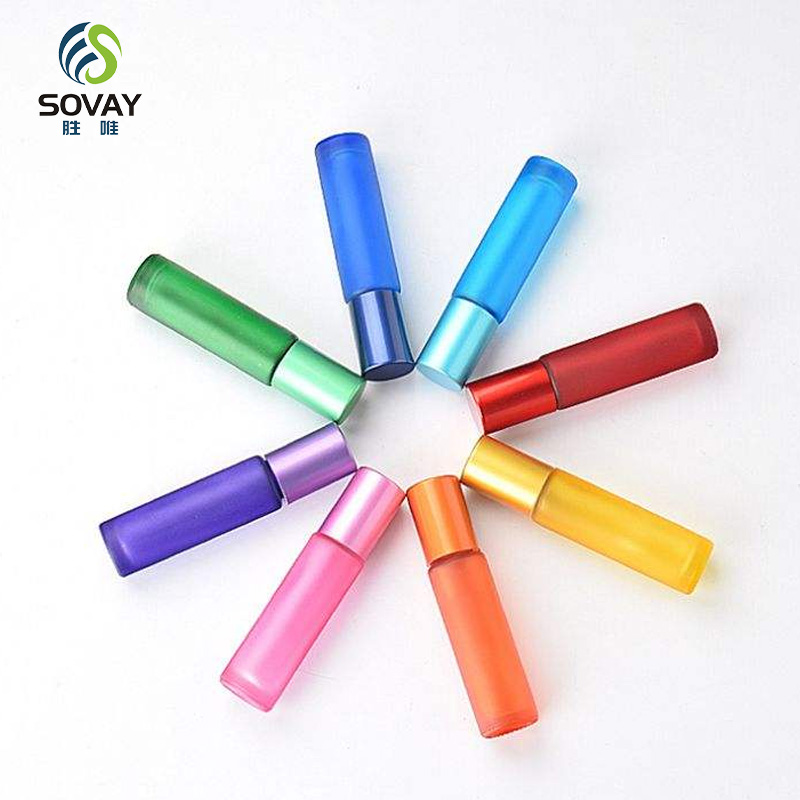 SE52N Frosted Colored Glass Roll Perfume Bottles 10ml Empty Stainless Steel Roller for Essential Oil Bottle Plastic Screen Printing