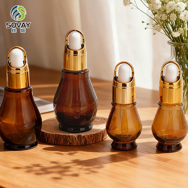 SE04 10ml 20ml 30ml 50ml 100ml Essential Oil Single Gourd Shape Dark Brown Glass Bottle with Gold Dropper