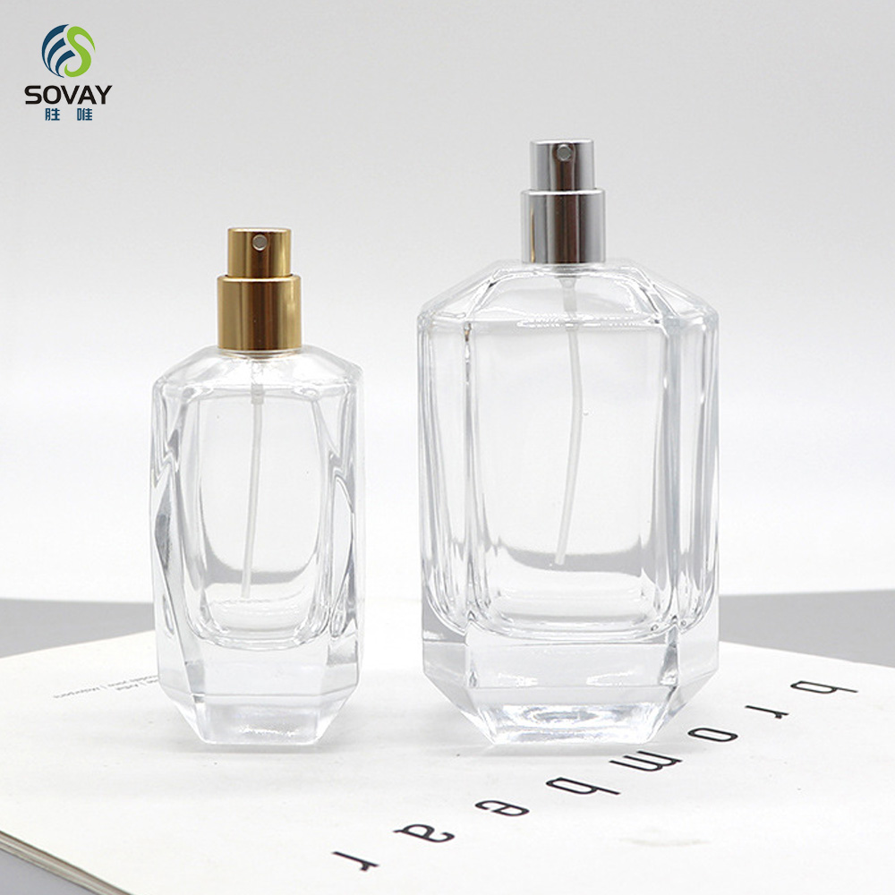 SP43 Luxury 100PCS Minimum Order Elegant 30ml/50ml/100ml Irregular Clear Glass Perfume Oil Bottle Pump Sprayer Cap Carton Box OEM/ODM
