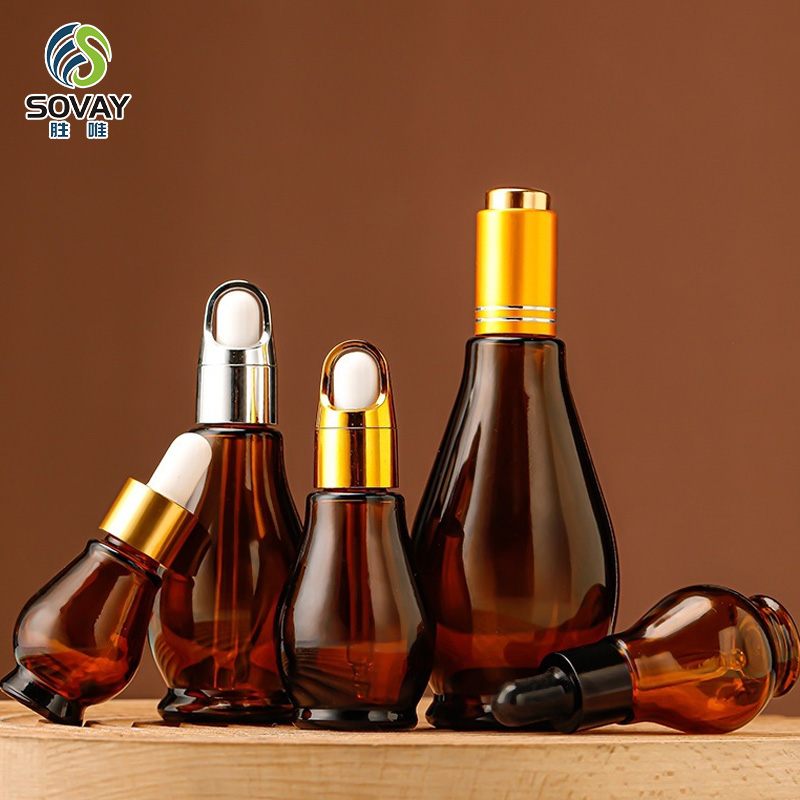 SE04 10ml 20ml 30ml 50ml 100ml Essential Oil Single Gourd Shape Dark Brown Glass Bottle with Gold Dropper