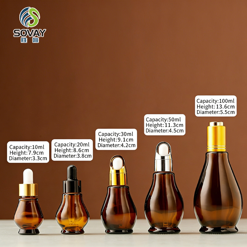 SE04 10ml 20ml 30ml 50ml 100ml Essential Oil Single Gourd Shape Dark Brown Glass Bottle with Gold Dropper