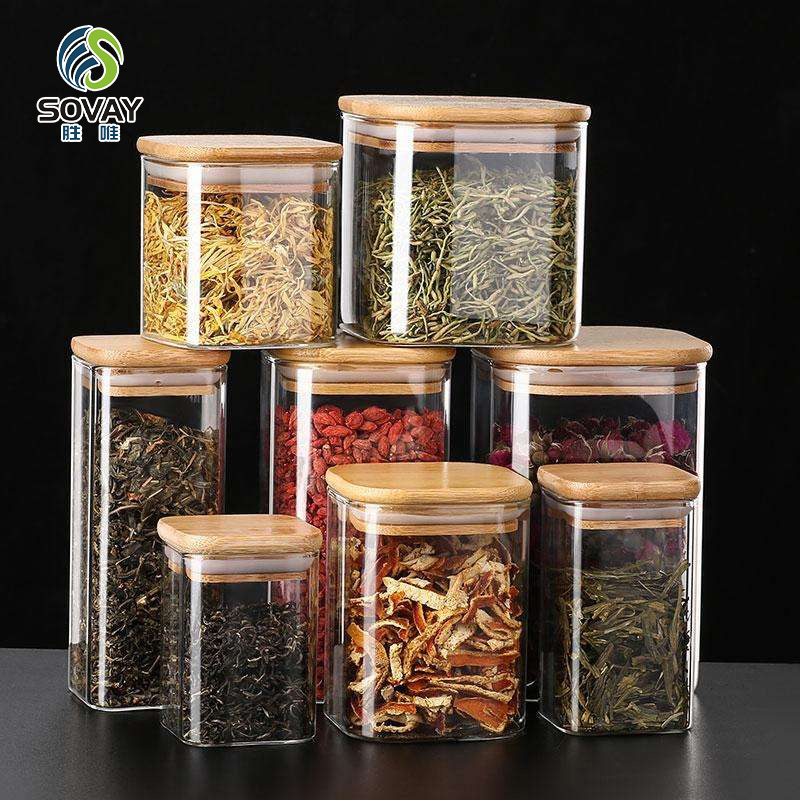 SG40N Wholesale Empty Spice Candy Coffee Food Storage Containers Bottle Glass Jars with Bamboo Seal Lid