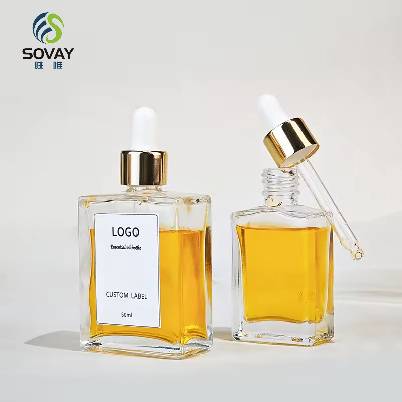 SE34N 30ml 50ml 100ml Square Glass Serum Dropper Bottles for Essential Oil with Gold Sliver Bamboo Cap