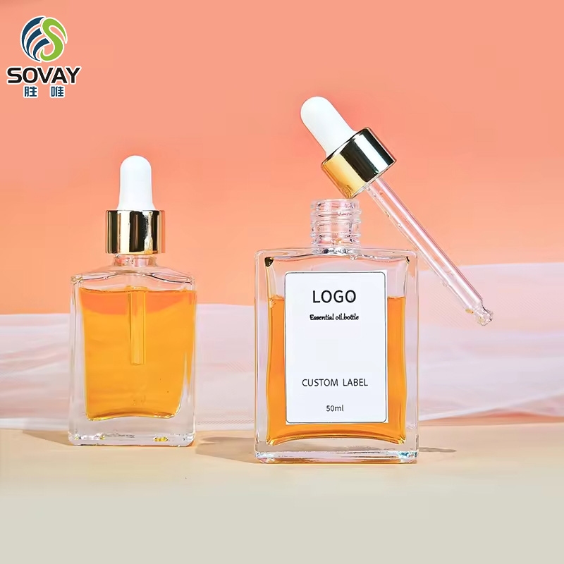 SE34N 30ml 50ml 100ml Square Glass Serum Dropper Bottles for Essential Oil with Gold Sliver Bamboo Cap