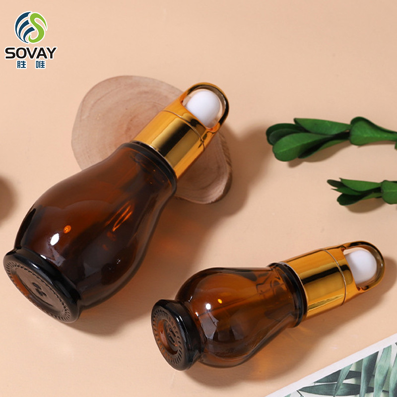 SE04 10ml 20ml 30ml 50ml 100ml Essential Oil Single Gourd Shape Dark Brown Glass Bottle with Gold Dropper