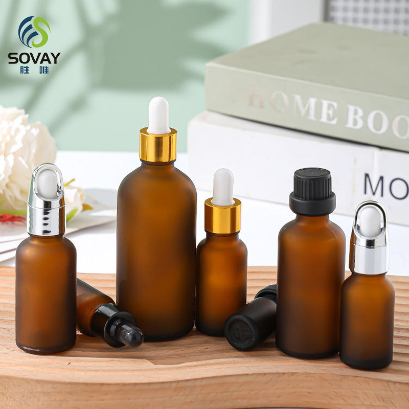 SE06 High Quality 5ml 10ml 15ml 20ml 30ml 50ml 100ml Frosted Amber Glass Dropper Bottle with Glod Lid for Essential Oil