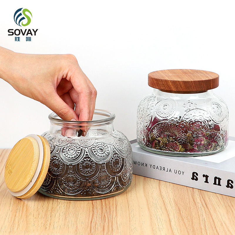 SG60N High Borosilicate Carved Glass Storage Jar Custom Kitchen Logo/Label Candy Tank Sealed Wooden Lid Jiangsu Food Grade