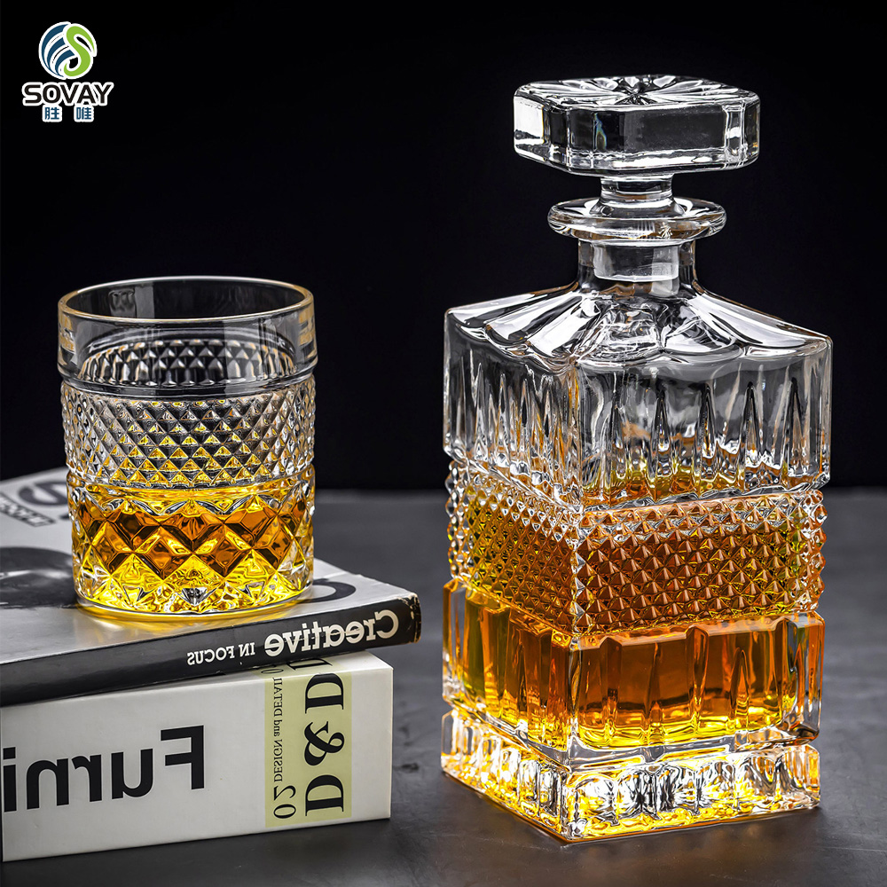SW144N Lead-Free Classic Custom Textured 700ml Engrave Square Glass Liquor Whiskey Decanter for Gin Wine Alcohol