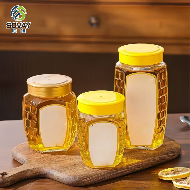 SG56N Wholesale Hexagonal Empty Glass Honey Jar New Popular Honeycomb Honey Jar with Screw Cap 380ml 500ml 730ml