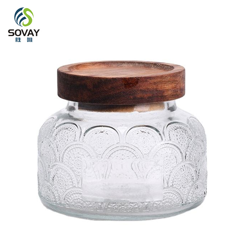 SG60N High Borosilicate Carved Glass Storage Jar Custom Kitchen Logo/Label Candy Tank Sealed Wooden Lid Jiangsu Food Grade