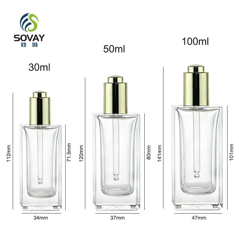 SE43-1 Luxury Guangzhou Factory Outlet Clear 5ml 10ml 15ml 20ml 30ml 50ml Transparent Flat Square Rectangle Emulsion Oil Dropper Glass Bottles