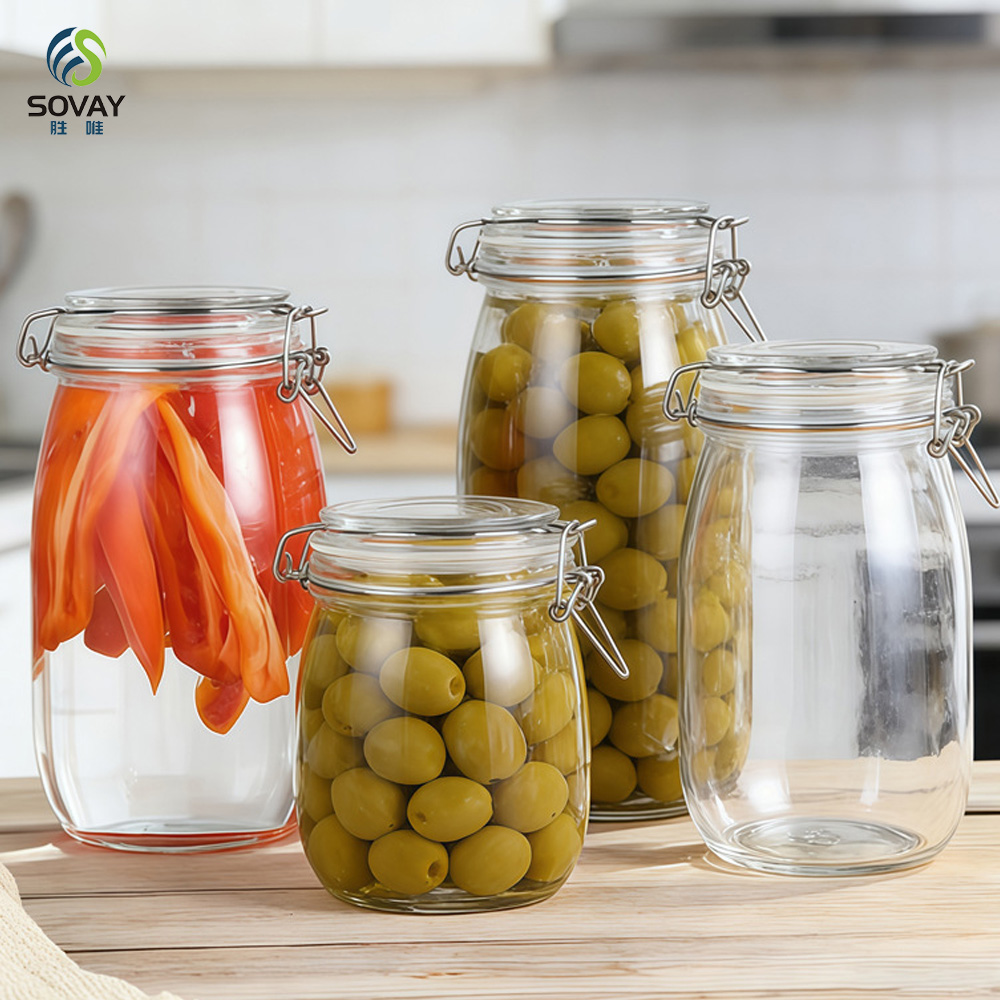 SG06 Jam Jar Airtight Glass with Stainless Steel Clip 125ml 280ml 380ml 500ml 750ml 1000ml 1500ml 2000ml 3000ml Storage Bottles & Jars Cover