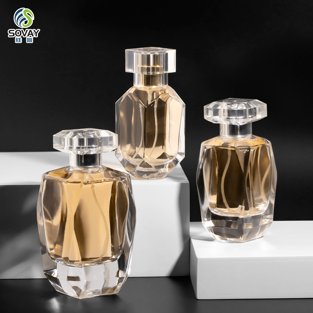 SP43 Luxury 100PCS Minimum Order Elegant 30ml/50ml/100ml Irregular Clear Glass Perfume Oil Bottle Pump Sprayer Cap Carton Box OEM/ODM