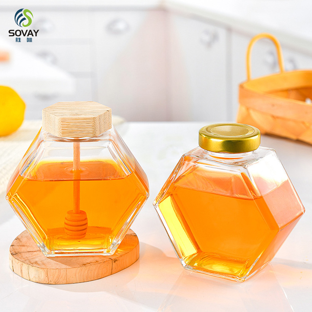 SG10N Wholesale Honey Jar Glass Hexagon Shape Honey Jar Glass with Wooden Dipper and Cork Lid Cover Honey Syrup Storage
