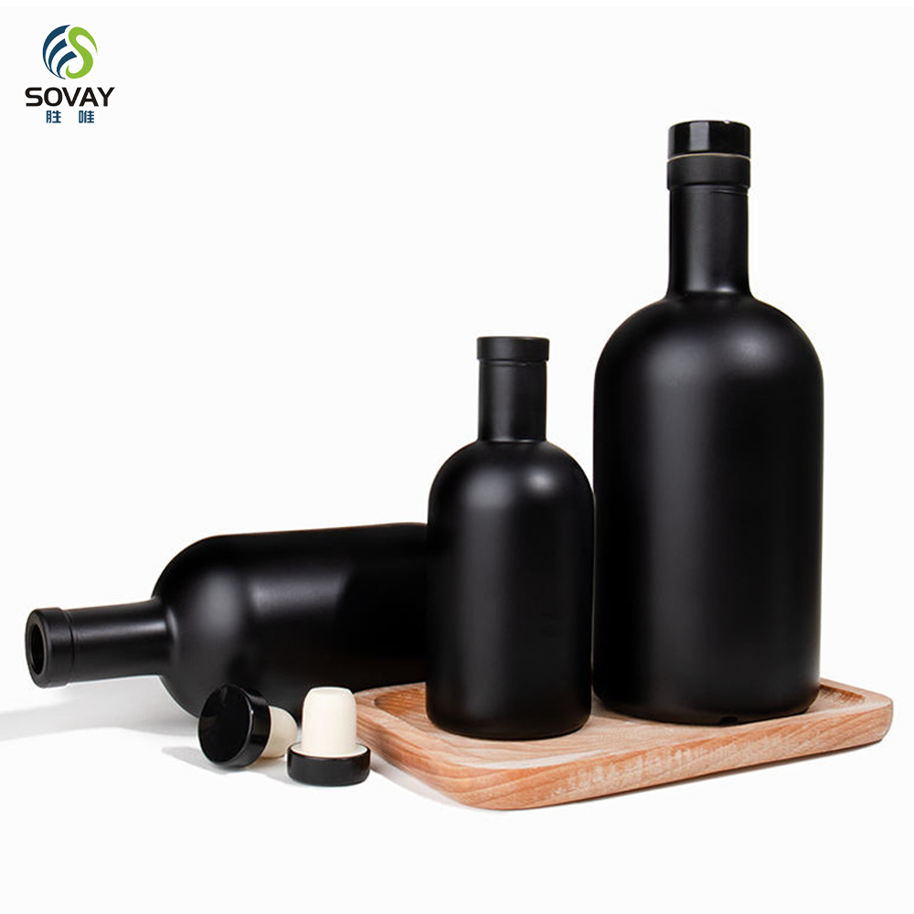 SW139N Hot Sale 100ml 250ml 375ml 500ml 750ml 1000ml Empty Matt Black Glass Liquor Vodlka Olive Oil Bottle with Cork Stopper Screen Printed