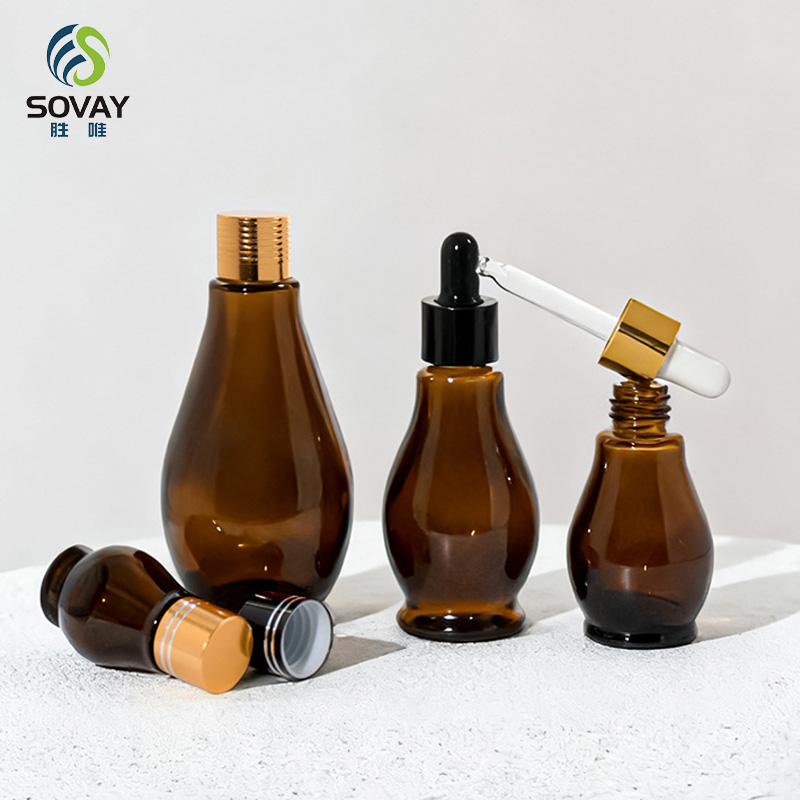 SE04 10ml 20ml 30ml 50ml 100ml Essential Oil Single Gourd Shape Dark Brown Glass Bottle with Gold Dropper