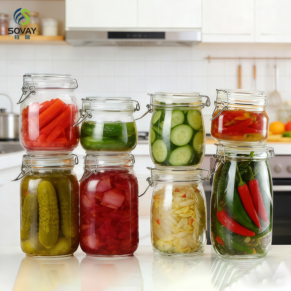 SG06 Jam Jar Airtight Glass with Stainless Steel Clip 125ml 280ml 380ml 500ml 750ml 1000ml 1500ml 2000ml 3000ml Storage Bottles & Jars Cover
